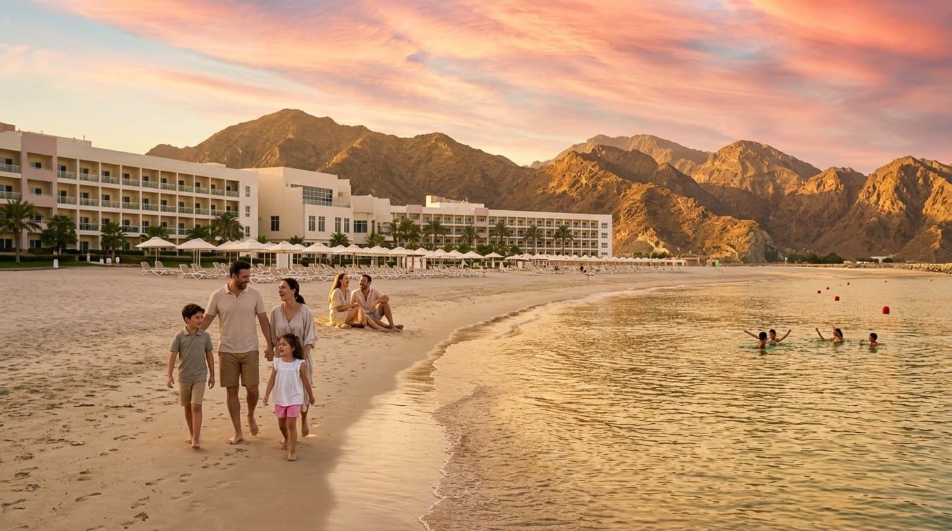 Семья гуляет по пляжу Radisson Blu Fujairah на закате