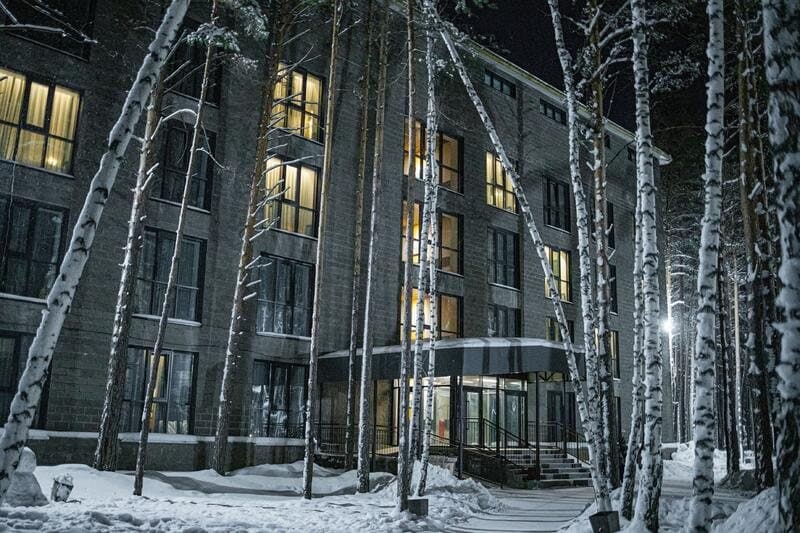 Четырёхэтажный корпус из тёмного кирпича зимним вечером, в окнах свет, у входа козырёк и ступени, вокруг заснеженные берёзы