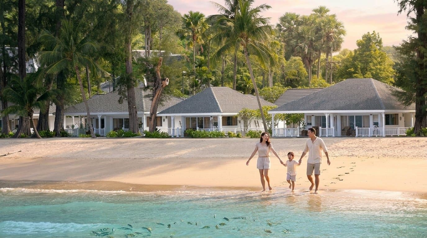 Утро у коттеджей на первой линии Thavorn Beach Village: семья идет вдоль кромки воды
